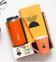 Kişiye Özel Hediye Seti –Turuncu Çelik Kupa 300 ml, Latte Bardak, Defter, Kalem, Fotoğraf Çerçevesi