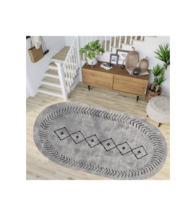 Rovigo Home Dijital Baskı Yıkanabilir Kaymaz Taban Oval Salon Halısı RVG7258-HT962 (Gri)