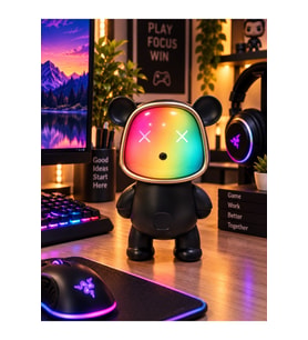 Renk Değiştiren Işıklı Animasyon Ayıcık Bluetooth USB Hoparlör Kablosuz Robot Gece Masa Lambası SİYH