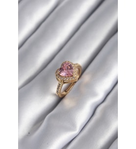 Pirinç Gold Renk Pembe Zirkon Taşlı Charm Kalp Model Kadın Yüzük