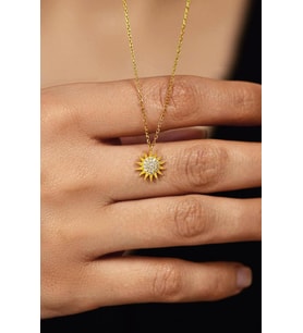 Zirkon Taşlı Gold Güneş Minimal Gümüş Kolye