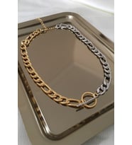 24k Altın Kaplama Gold Gümüş Iki Renk Zincir Kolye (39 Cm)