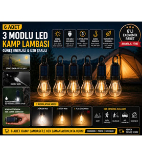 6 ADET Güneş Enerjili USB Şarjlı 3 Modlu LED Asma Kancalı Taşınabilir Kamp Feneri Aydınlatma Lambası