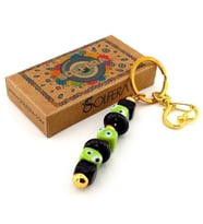 Yeşil Siyah Cam Nazar Boncuklu Çanta Süsü Kalp Charm Anahtarlık KY058