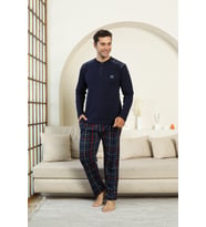 Erkek %100 İnterlok Pamuk Kumaş Ekose Bloklu Pijama Takımı 12481 ENİSENA (Koyu Lacivert)