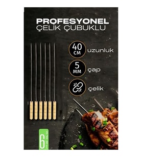 Turk Çelik Şiş Çubuğu - Mangal Şişi Ahşap Saplı Kebap Şişi  6 Adet
