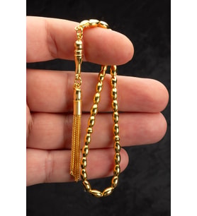 Sertifikalı 22K Altın Kaplama Minik Boy Gümüş Tespih 4x7mm 14 gr Arpa Kesim (Sarı)