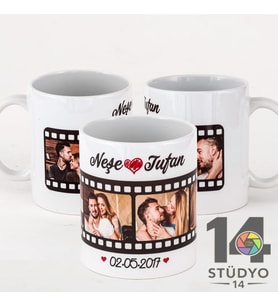 Stüdyo 14 Kişiye Özel Film Şeridi Kolajlı 5 Fotoğraflı İsim Ve Tarih Alanlı Kupa -Mug ( Sevgiliye -Arkadaşa Hediye )