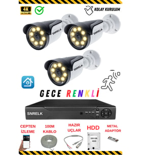 SNRELK  Hama 3 Kameralı 5mp lens 320gb Gece Renkli Su Geçirmez Güvenlik Kamera Seti 5536