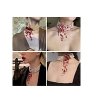 4 Sıra İncili Kanlı Vampir Kolyesi Cadılar Bayramı İçin Choker İnci Kolye