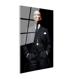 Tamperli Gerçek Cam Tablo Atatürk Yelekli Takım Köstekli Saat Atatürk Tablosu Duvar Dekoru