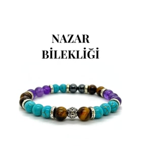 Nelleovana Doğaltaş - Nazar Bilekliği - Turkuaz - Kaplan Gözü - Ametist - Hematit - Unisex