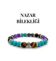 Nelleovana Doğaltaş - Nazar Bilekliği - Turkuaz - Kaplan Gözü - Ametist - Hematit - Unisex