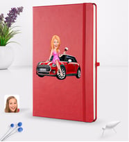 BK Gift Kişiye Özel Plakalı Kadın Mini Cooper Karikatürlü Kırmızı Termo Deri Defter 16x24cm Model 1