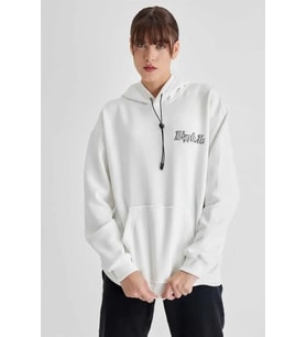 Kapüşonlu Sırt Baskılı Üç İplik Oversize Sweatshirt - Beyaz