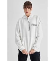 Kapüşonlu Sırt Baskılı Üç İplik Oversize Sweatshirt - Beyaz