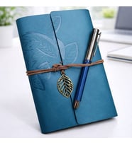 Yaprak Desenli Deri Defter Ve Lacivert Metal Roller Kalem Seti