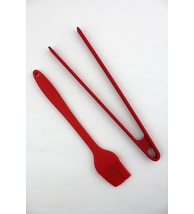 Lüks Büyük Boy Silikon 2 li Maşa Fırça Set Kırmızı 27cm 