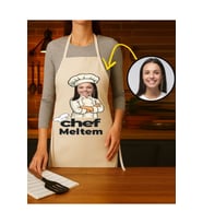 Kişiye Özel Karikatür Fotoğraflı ve İsimli Mutfak Önlüğü Chef Tasarımlı 2 (Krem)