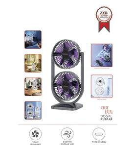 Torima F-22 Siyah Mini Fan  Taşınabilir Çift Başlıklı Sessiz Vantilatör  Type-C Girişli, 3 Kademeli Hız Ayarı