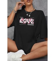 Love Baskılı Kadın Oversize Pamuklu Siyah Tişört (Siyah)