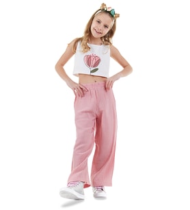 Çiçekli Kız Çocuk Pembe Müslin Pantolon Takım