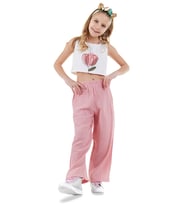 Çiçekli Kız Çocuk Pembe Müslin Pantolon Takım