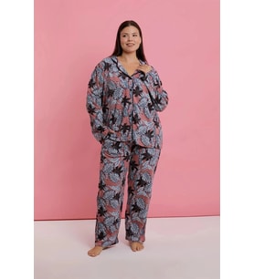 Giyim Kadın Büyük Beden Somon Yaprak Desenli Düğmeli Pijama Takımı