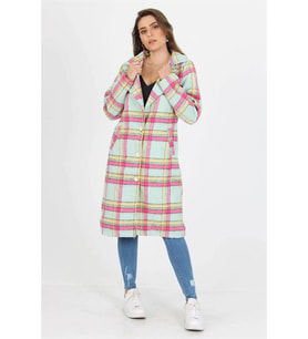 Neşeli Butik Kadın Düğme Detaylı Cepli Ekose Kaşe Kaban NB9018 (Mint Yeşili)