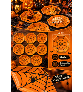 Halloween Cadılar Bayramı Örümcek Ağı Desenli Turuncu Sekizgen Karton Tabak 23 cm 8 Adet