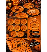 Halloween Cadılar Bayramı Örümcek Ağı Desenli Turuncu Sekizgen Karton Tabak 23 cm 8 Adet