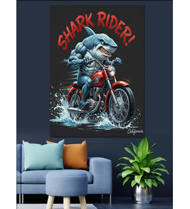 Motorsikletçi Köpek Balığı Shark Rider Dekoratif Kanvas - Mdf Ahşap Tablo