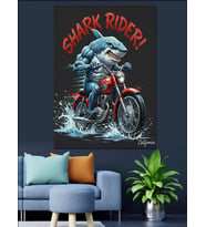Motorsikletçi Köpek Balığı Shark Rider Dekoratif Kanvas - Mdf Ahşap Tablo