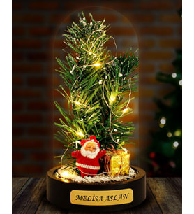 Kişiye Özel Hediye Noel Baba ve Çam Ağacı Temalı Led Işıklı Fanus