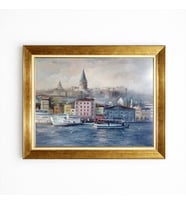 Tablore İstanbul Galata Kulesi Yağlı Boya Görünümlü Kanvas Tablo Deniz Ve Vapur Manzaralı Çerçeveli