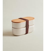 Magou 2'li Ahşap Kapaklı Lunch Box - Soft Ekru - 500x2 ml