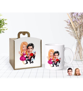 BK Gift Kişiye Özel Ahşap Kutuda Sevgililer Karikatürlü Beyaz Kupa Bardak-9