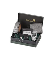 Polo Air Erkek Kol Saati Kemer Cüzdan Kartlık Çakmak Anahtarlık Hediyelik Kutusunda Siyah Set PL-7030E6 (Gümüş-Siyah)