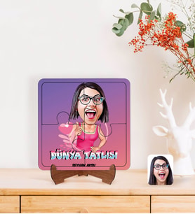 BK Gift Kişiye Özel Dünya Tatlısı Karikatürlü Ahşap Standlı Puzzle Çerçeve-1