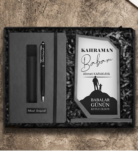 Babalar Gününe Özel Kişiye Özel Defter & Deri Kılıflı Touch Pen Kalem & Kişiye Özel Cam Plaket Hediye Seti