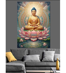Lotus Çiçeği Üzerinde Parlayan Buda Dekoratif Kanvas - Mdf Ahşap Tablo