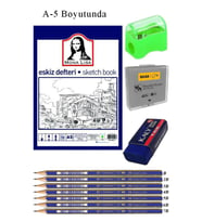 Eskiz Defteri A5 50 Yaprak Karakalem Çizim Seti Hamur Silgi Faber Castell Dereceli Kalem Hobi Tasarım Seti (Beyaz)