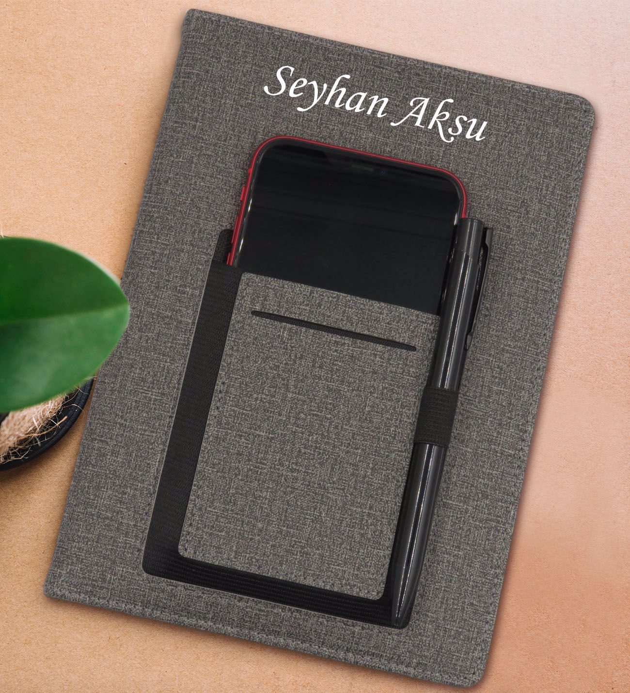 BK Gift Kişiye Özel İsimli Telefon Bölmeli Füme Termo Deri Defter 15x21cm