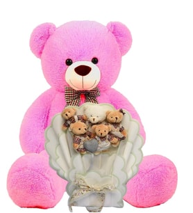 Sevimli 90 cm Peluş Ayı ile Giysili Yumoş Peluş Ayıcık Buketi, Sevgiliye- Sevdiklerinize; Doğum Günü, Yıldönümü, Özel Gün (A.Fuşya)