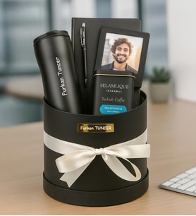 Kişiye Özel Fotoğraflı,Çerçeve,Defter,Kalem,Kahve Ve Termos Premium Silindir Kutu Hediye Seti