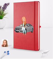 BK Gift Kişiye Özel Plakalı Kadın Honda Civic Karikatürlü Kırmızı Termo Deri Defter 16x24cm Model 1