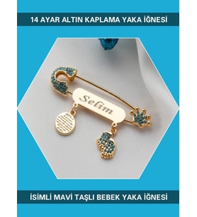 Sahi Aksesuar 14 Ayar Altın Kaplama İsimli Mavi Taşlı Bebek Yaka İğnesi BEZYI415