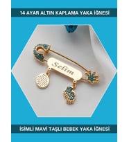 Sahi Aksesuar 14 Ayar Altın Kaplama İsimli Mavi Taşlı Bebek Yaka İğnesi BEZYI415
