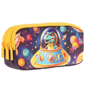 Kaukko Kids Sarı Siyah, Astronot Dinazor, Erkek Çocuk Üç Bölmeli Kalemlik/Kalem Çantası - L8273 (Çok Renkli)