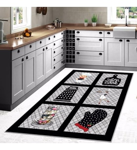 Siyah Lets Cook Aşçı Eldiven Desenli Yıkanabilir Kaymaz Taban Leke Tutmaz Modern Mutfak Halısı